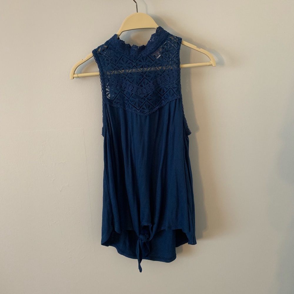 Navy Blue Tie Front Tank Top w/ Lace Details